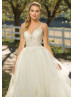 V Neck Ivory Lace Tulle Dreamy Wedding Dress With Horsehair Trim